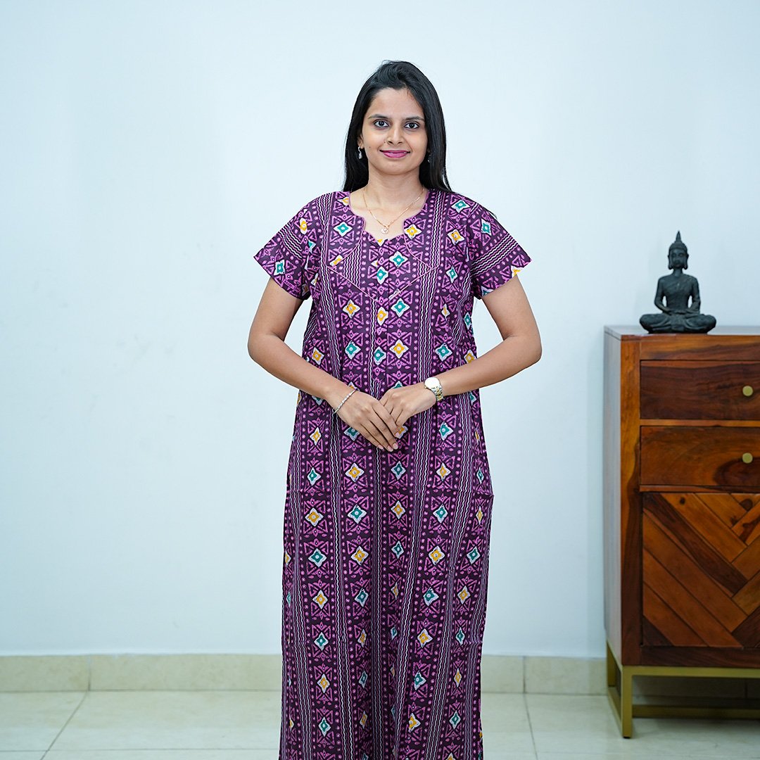 Purple Ethnic Printed Cotton Budget Nighty