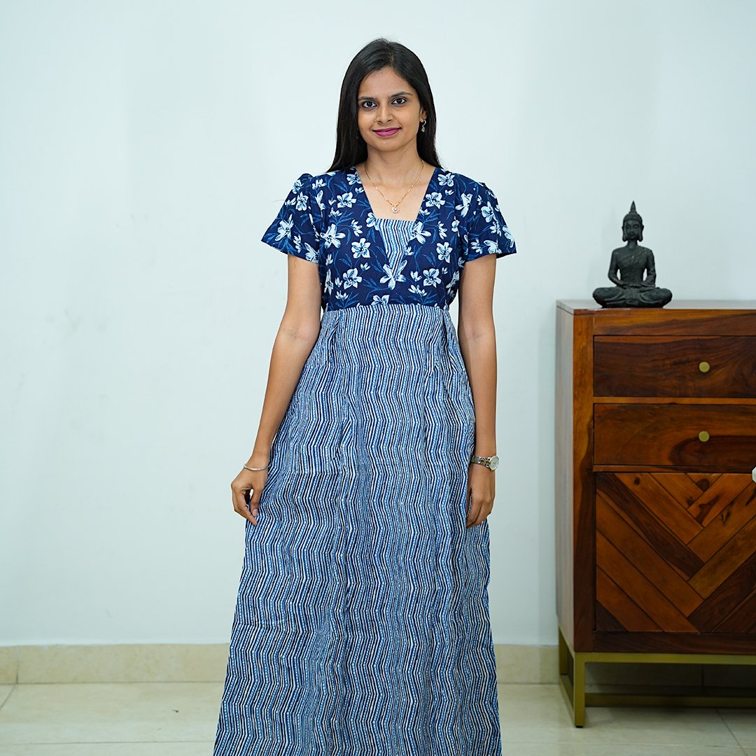 V-Neck Indigo Printed Jaipur Cotton Frock