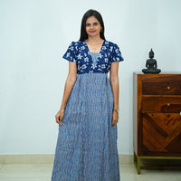 V-Neck Indigo Printed Jaipur Cotton Frock