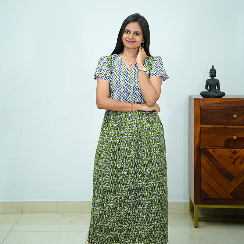 V-Neck Patchwork Jaipur Cotton Frock