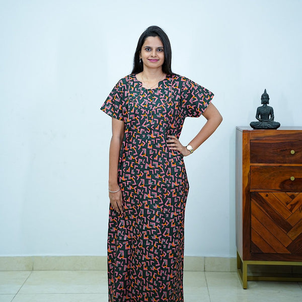 Black Geometric Printed Cotton Budget Nighty