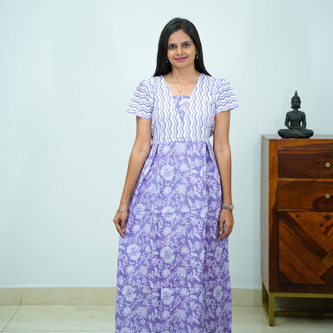 Lavender Kantha Work Side Pleated Frock