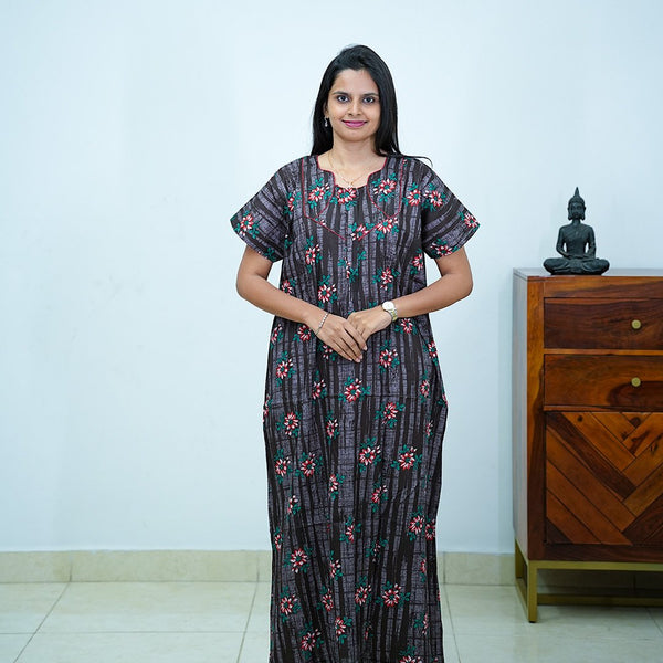 Charcoal Grey Floral Printed Cotton Budget Nighty