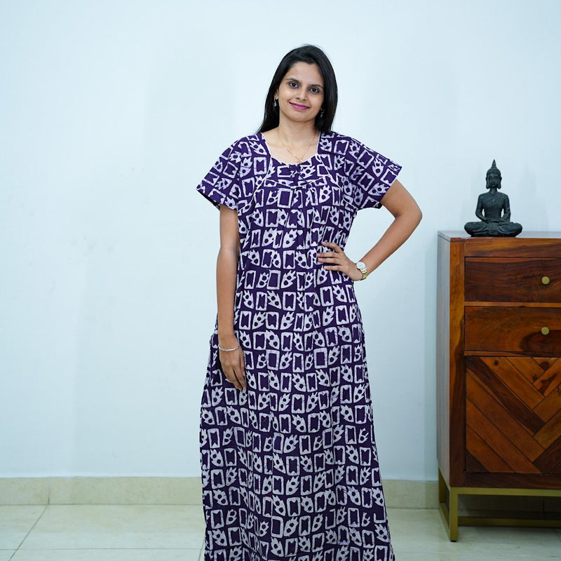 Purple Batik Printed Premium Cotton Titanic Neck Nighty