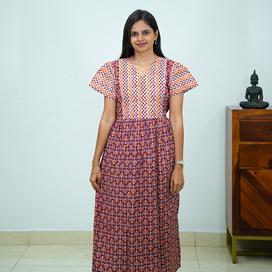 V-Neck Patchwork Jaipur Cotton Frock