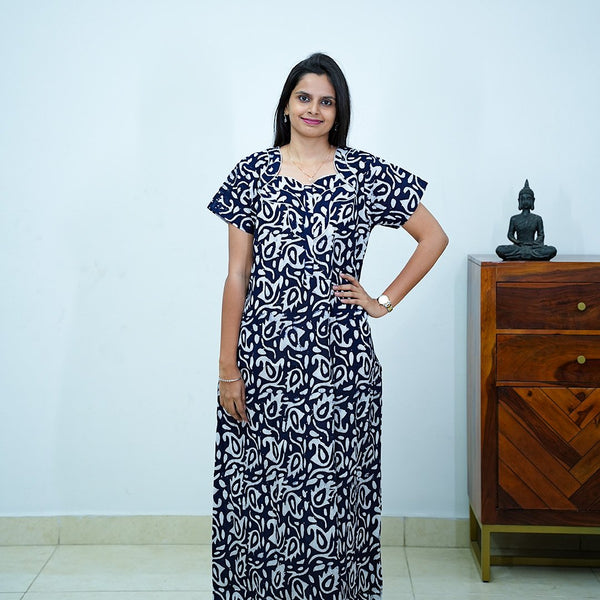 Navy Blue Batik Printed Premium Cotton Nighty