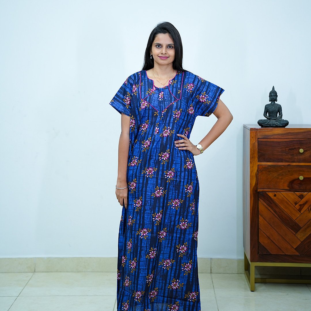 Royal Blue Floral Printed Cotton Budget Nighty