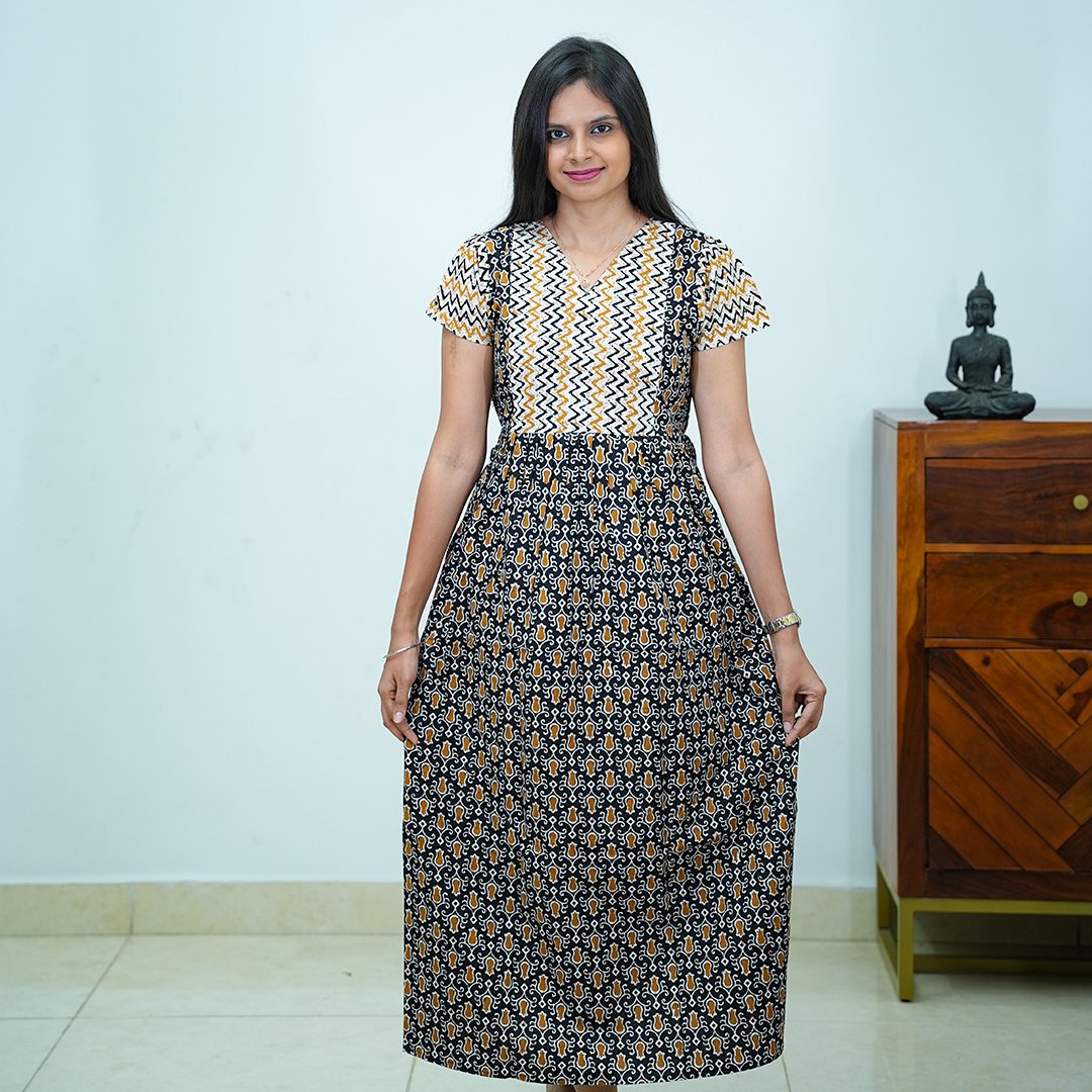 V-Neck Patchwork Jaipur Cotton Frock