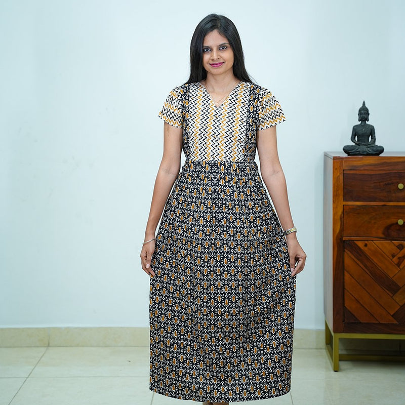 V-Neck Patchwork Jaipur Cotton Frock