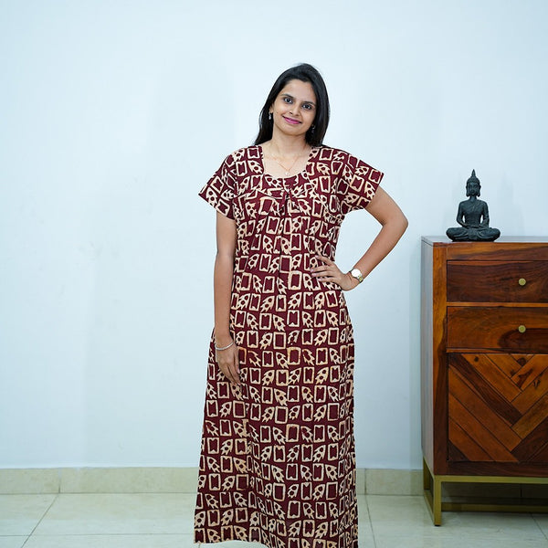 Brown Batik Printed Premium Cotton Titanic Neck Nighty