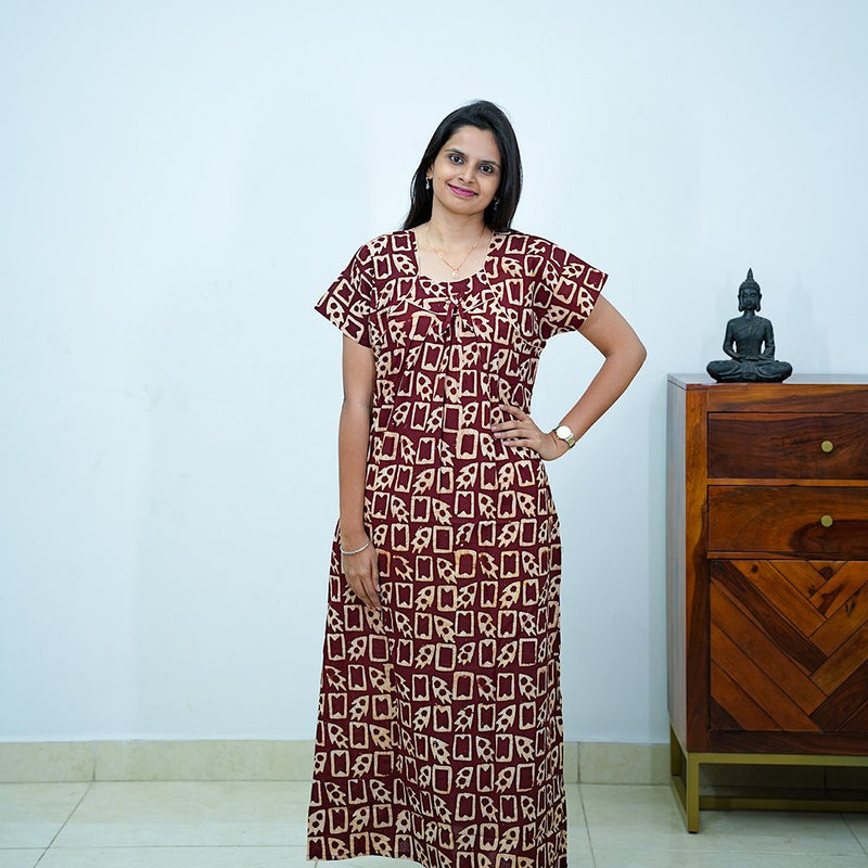 Brown Batik Printed Premium Cotton Titanic Neck Nighty