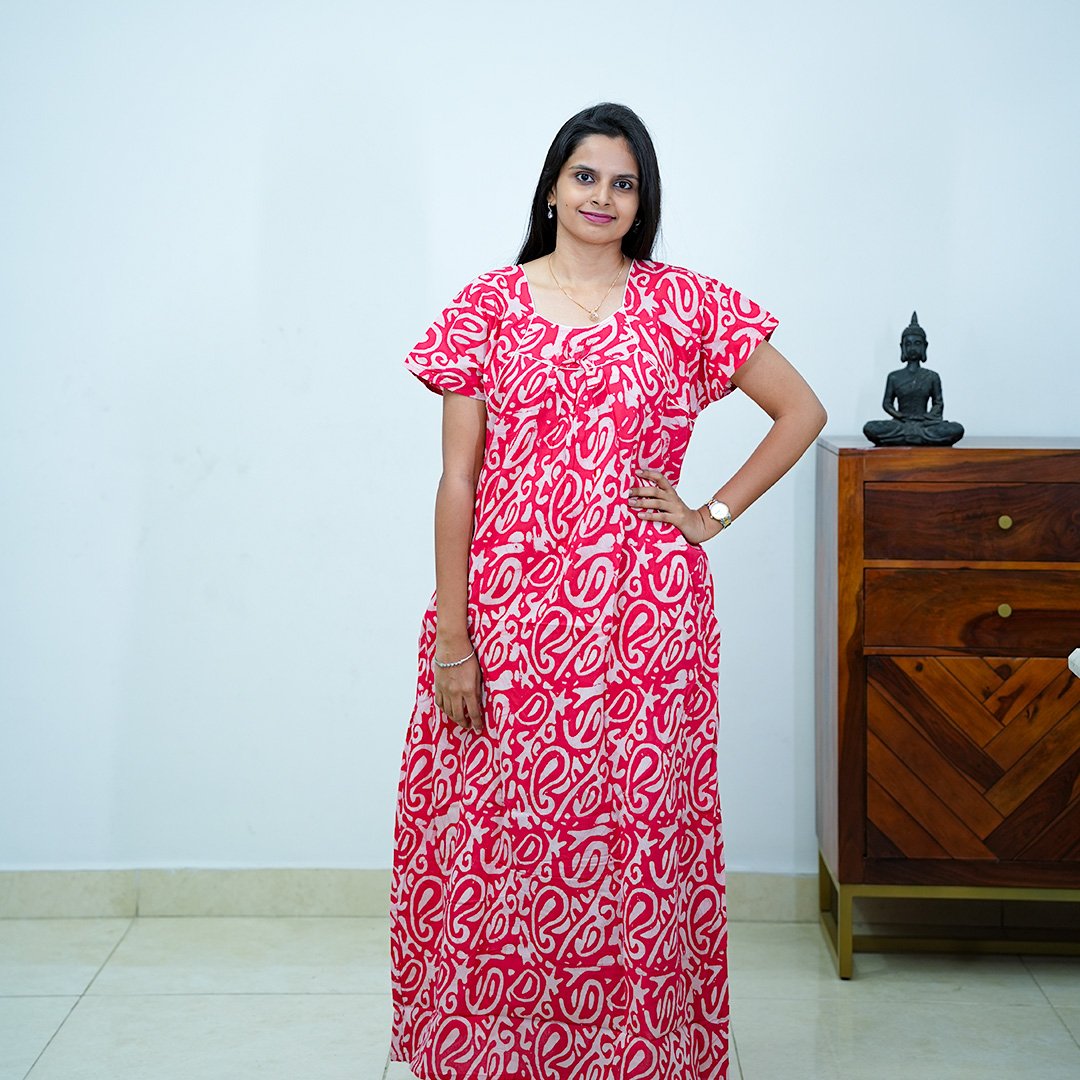 Pink Batik Printed Premium Cotton Titanic Neck Nighty