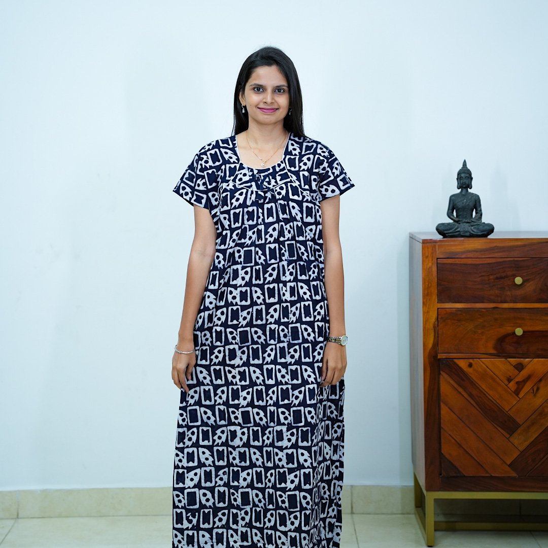 Navy Blue Batik Printed Premium Cotton Titanic Neck Nighty