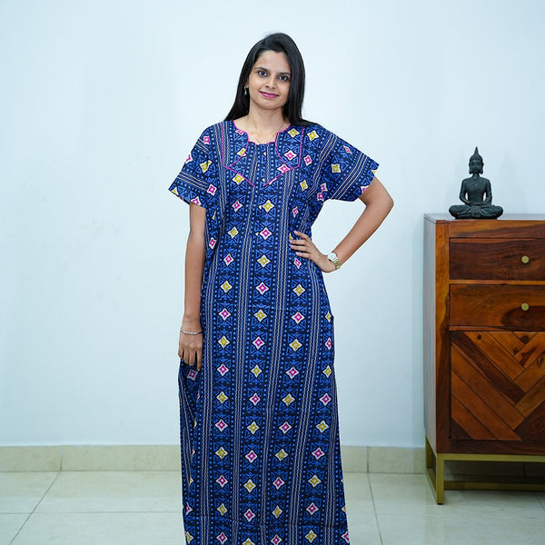 Navy Blue Ethnic Printed Cotton Budget Nighty