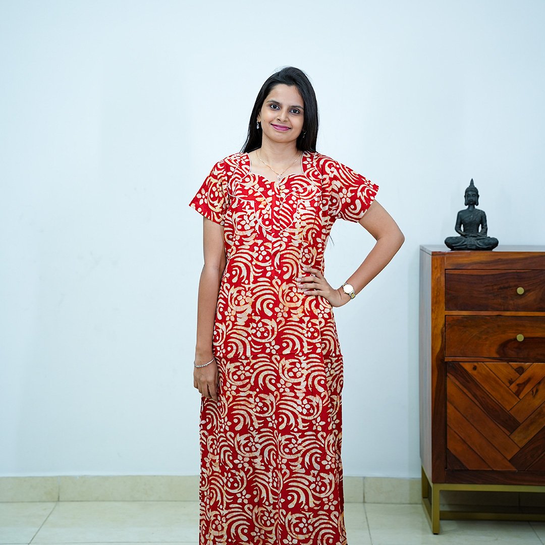 Red Batik Printed Premium Cotton Nighty