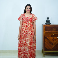 Red Batik Printed Premium Cotton Titanic Neck Nighty
