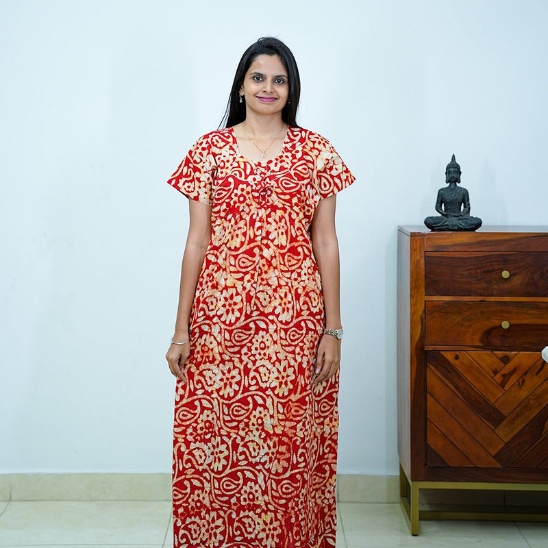 Red Batik Printed Premium Cotton Titanic Neck Nighty