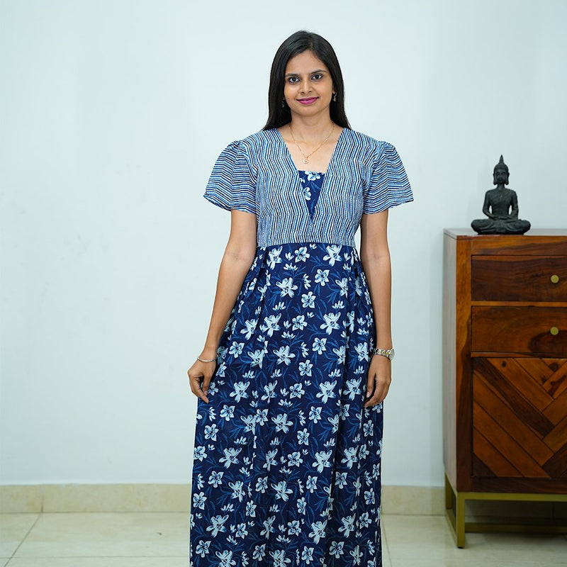 V-Neck Indigo Printed Jaipur Cotton Frock
