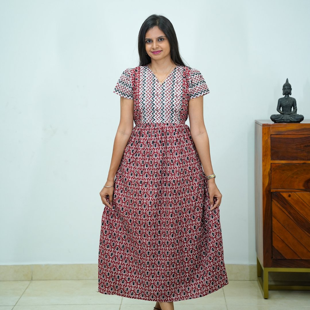 V-Neck Patchwork Jaipur Cotton Frock