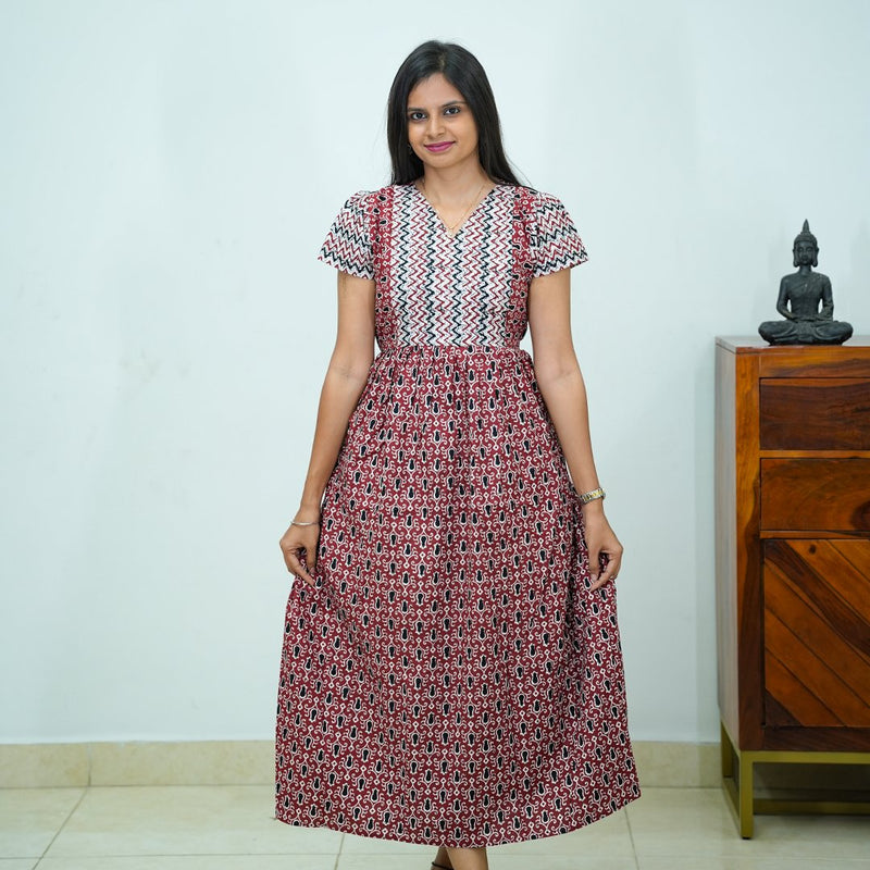V-Neck Patchwork Jaipur Cotton Frock