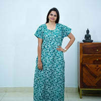 Green Batik Printed Premium Cotton Titanic Neck Nighty