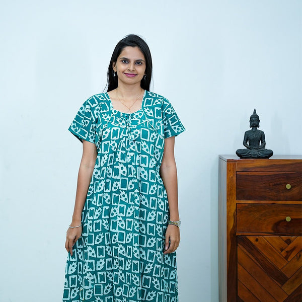 Green Batik Printed Premium Cotton Titanic Neck Nighty