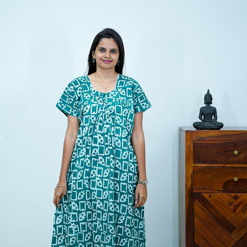 Green Batik Printed Premium Cotton Titanic Neck Nighty