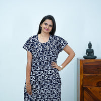 Navy Blue Batik Printed Premium Cotton Titanic Neck Nighty