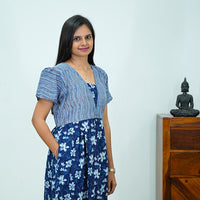V-Neck Indigo Printed Jaipur Cotton Frock