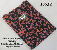 Black Geometric Printed Cotton Budget Nighty