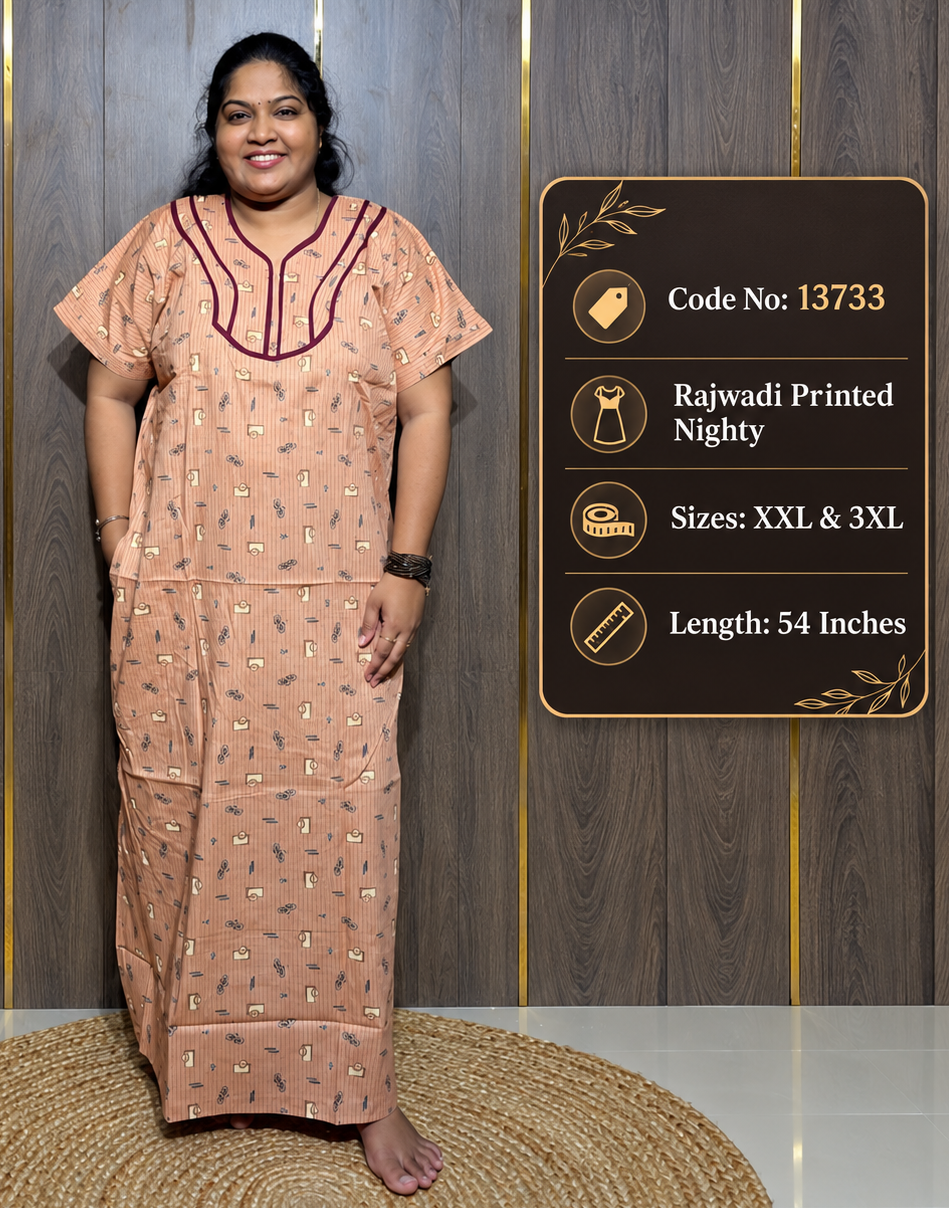Rajwadi Printed Cotton Nighty With Short Zip