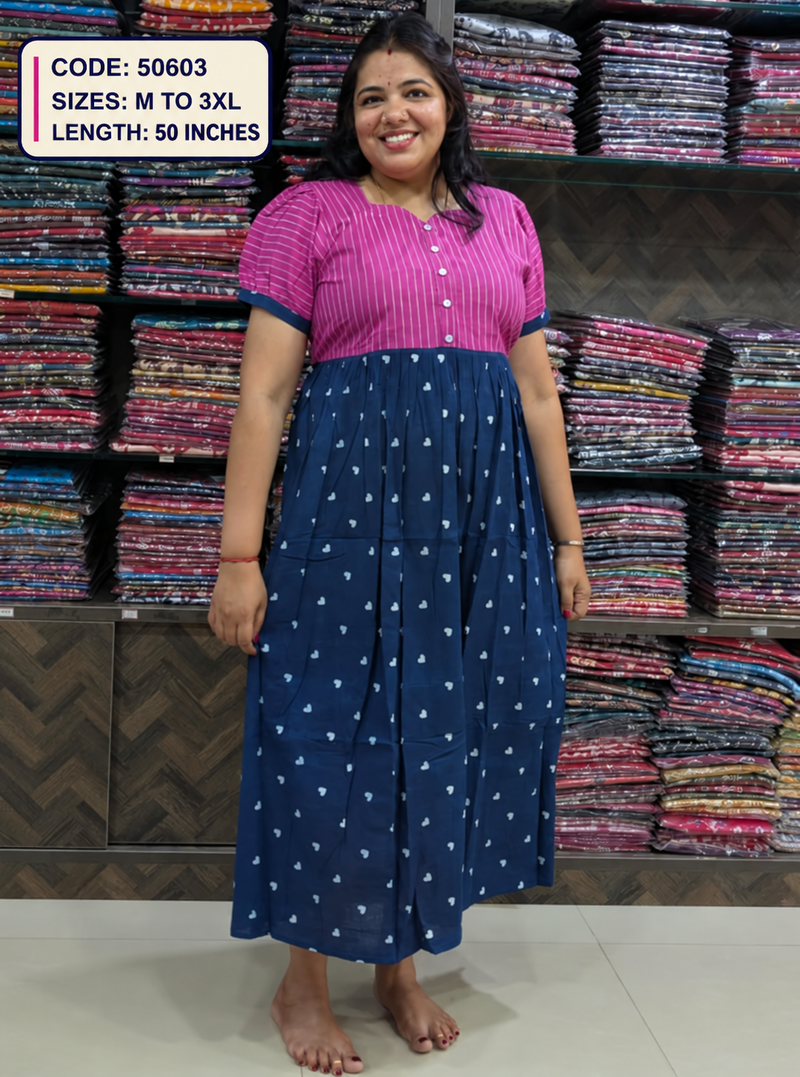 Mul Cotton Heart Print Frock with Lined Yoke
