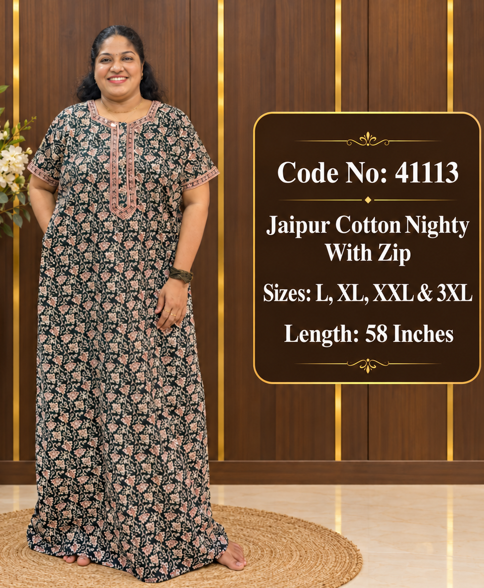 Black Floral Printed Jaipur Cotton Nighty