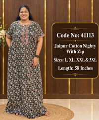 Black Floral Printed Jaipur Cotton Nighty