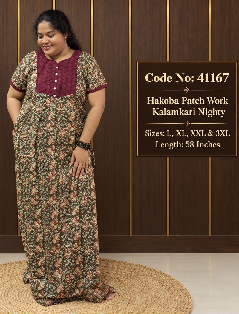 Hakoba Patchwork Kalamkari Cotton Nighty
