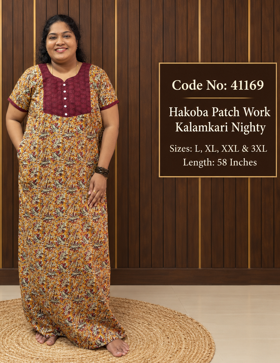 Hakoba Patchwork Kalamkari Cotton Nighty