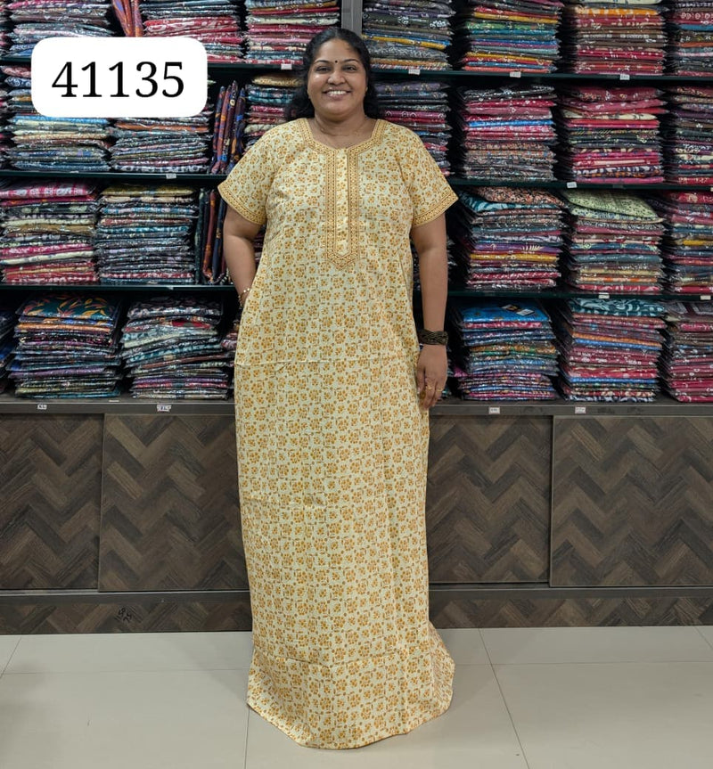 Cream Mustard Floral Print Jaipur Cotton Nighty