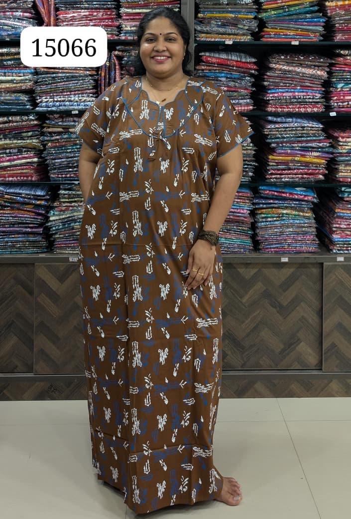 Brown Printed Cotton Nighty Without Zip
