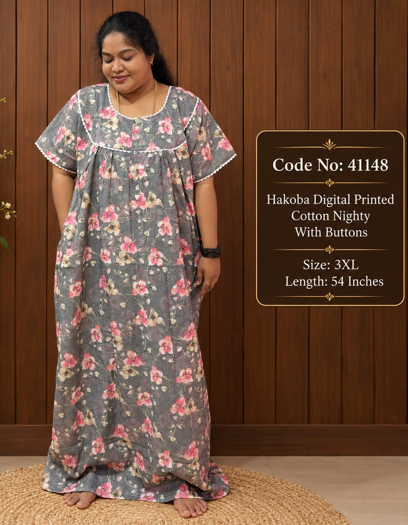 Digital Flroal Printed Hakoba Cotton Nighty