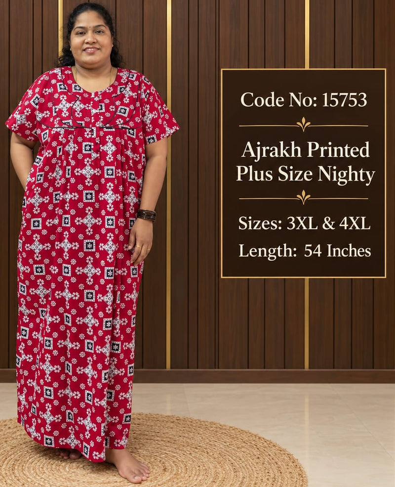 Ajrakh Printed Plus-Size Nighty With Zip