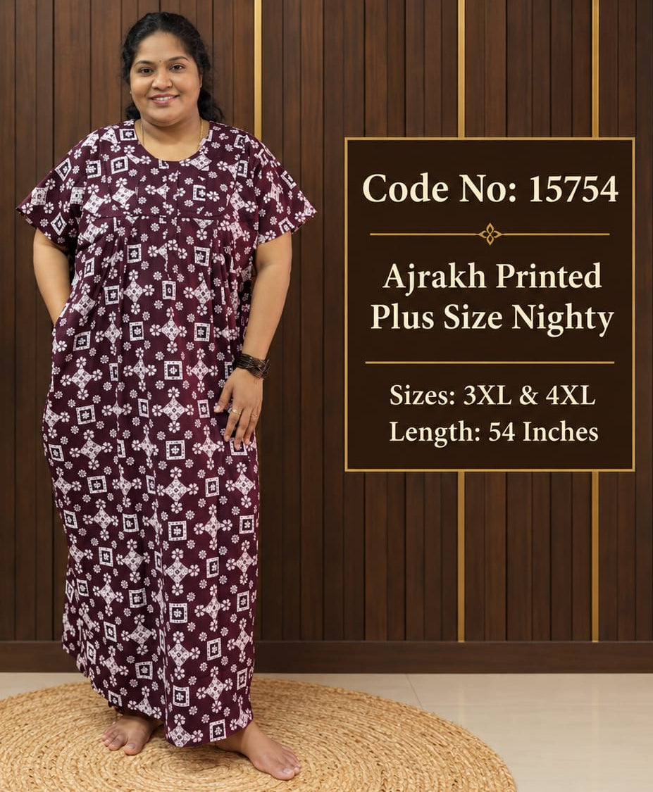 Ajrakh Printed Plus-Size Nighty With Zip