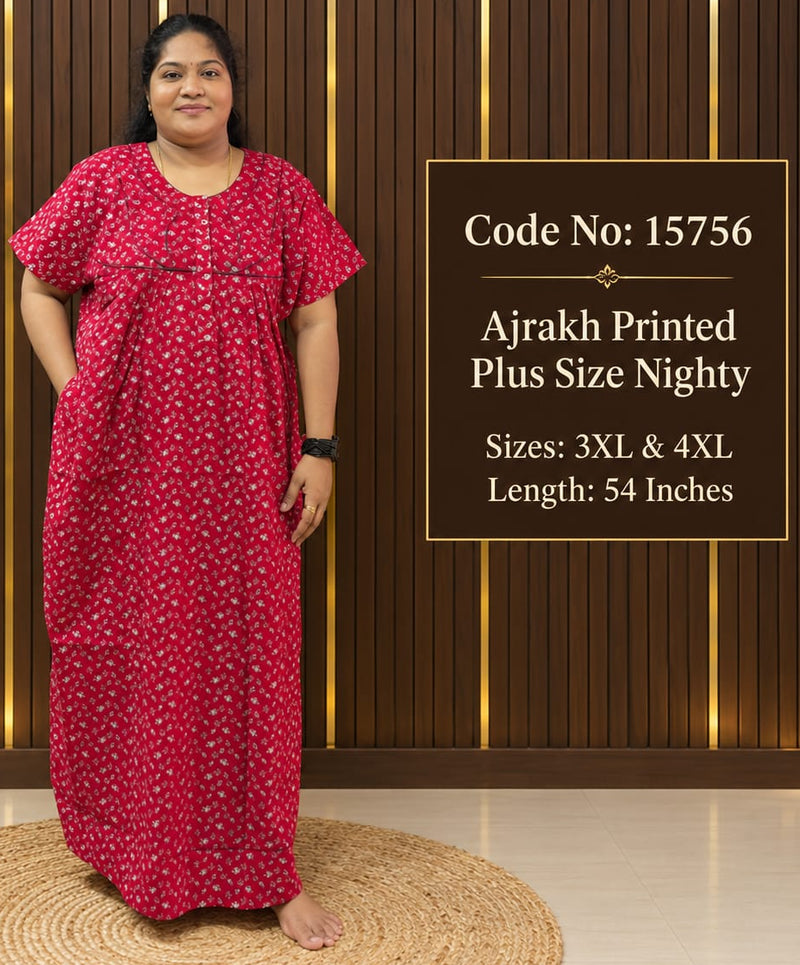 Ajrakh Printed Plus-Size Nighty With Zip