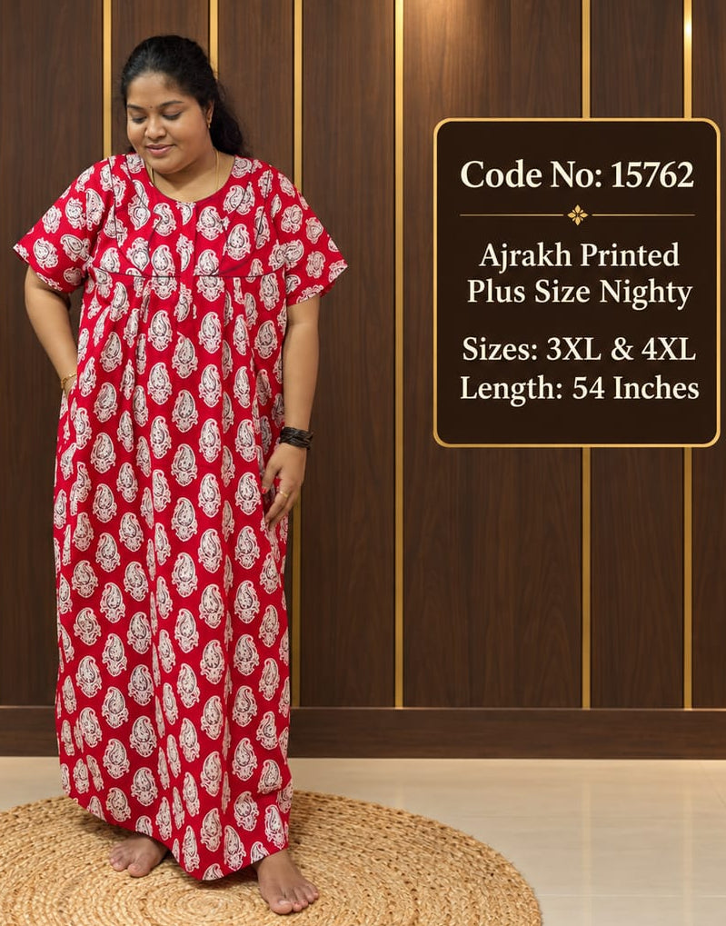 Ajrakh Printed Plus-Size Nighty With Zip
