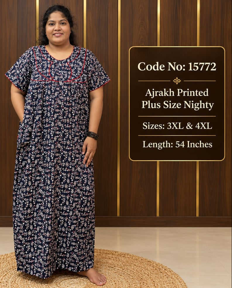 Ajrakh Printed Plus-Size Nighty With Zip