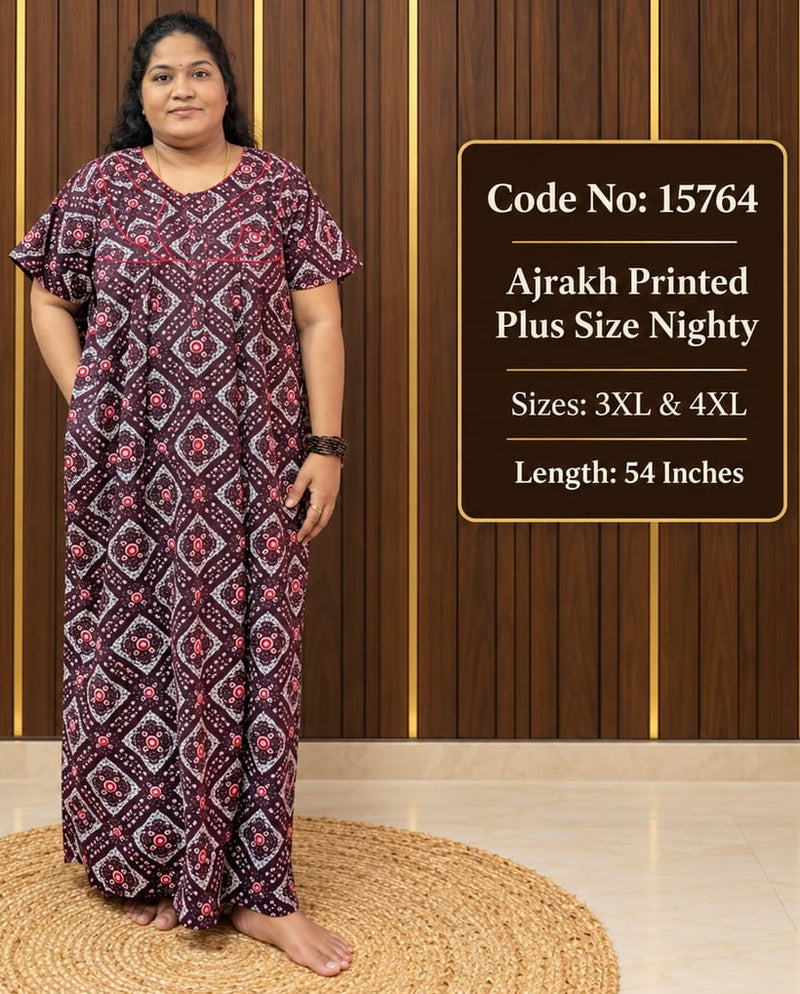 Ajrakh Printed Plus-Size Nighty With Zip