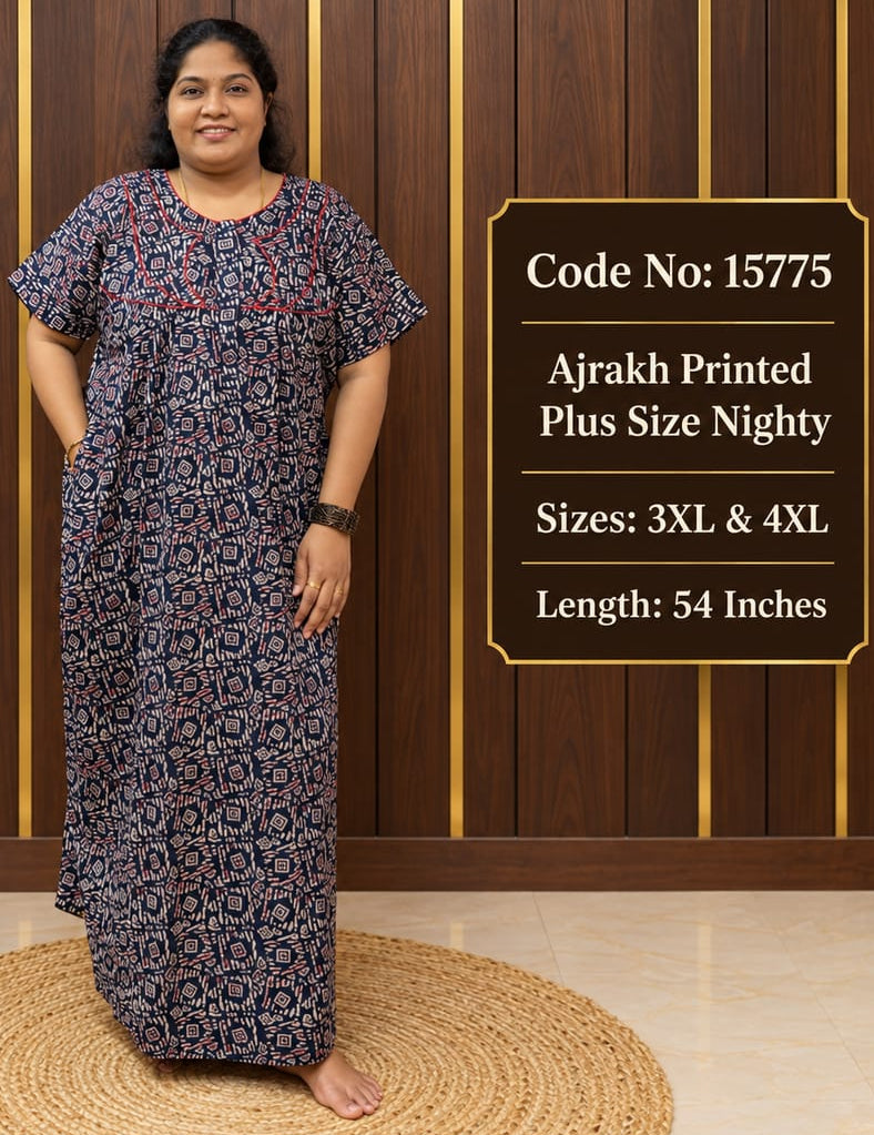 Ajrakh Printed Plus-Size Nighty With Zip