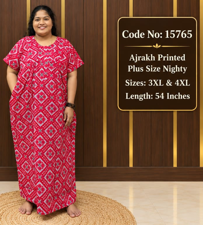 Ajrakh Printed Plus-Size Nighty With Zip