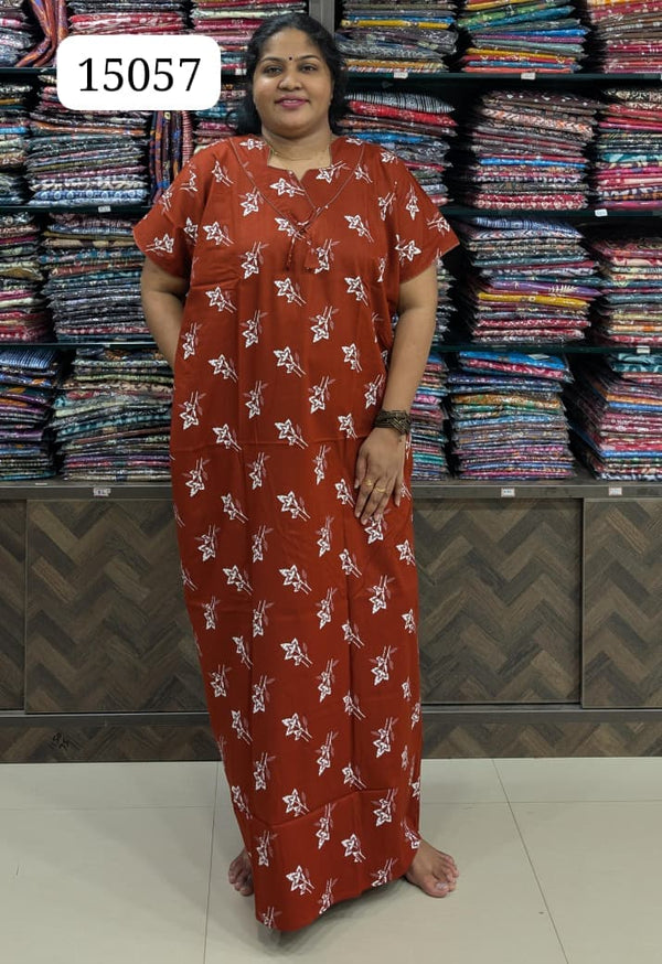 Brown Printed Cotton Nighty Without Zip