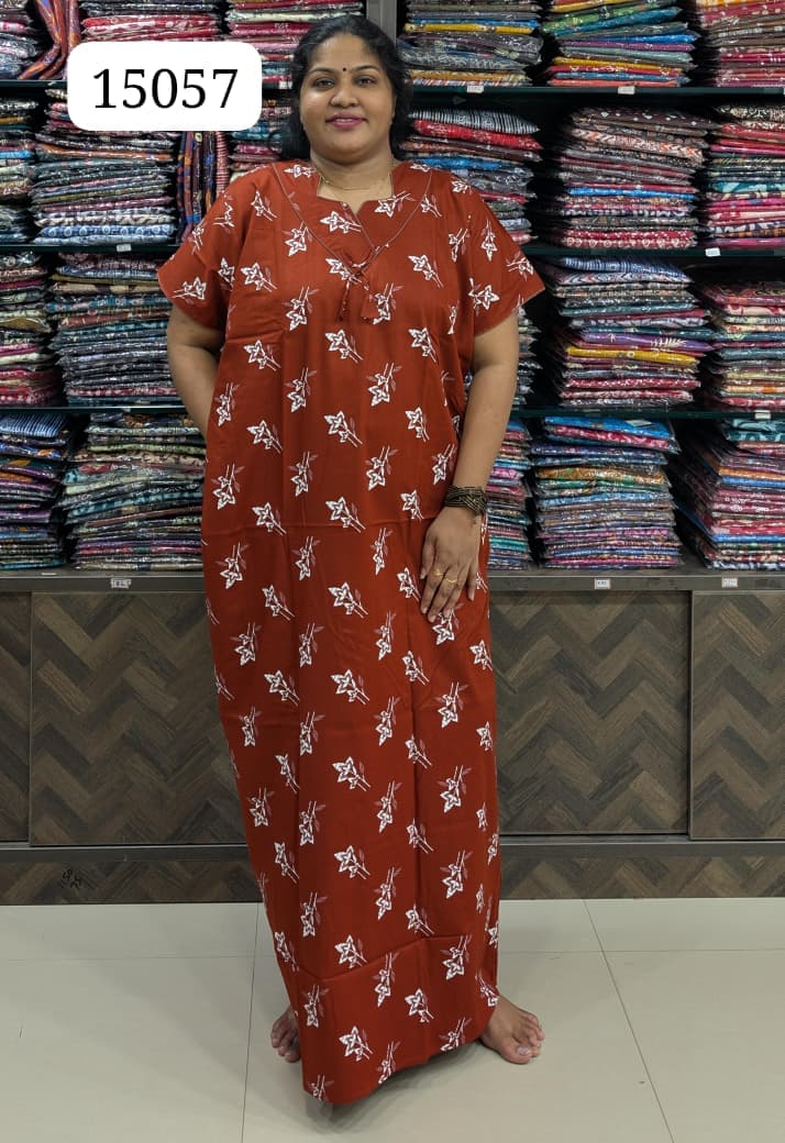 Brown Printed Cotton Nighty Without Zip