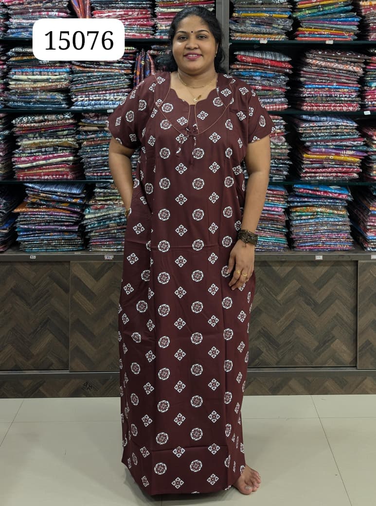 Brown Printed Cotton Nighty Without Zip